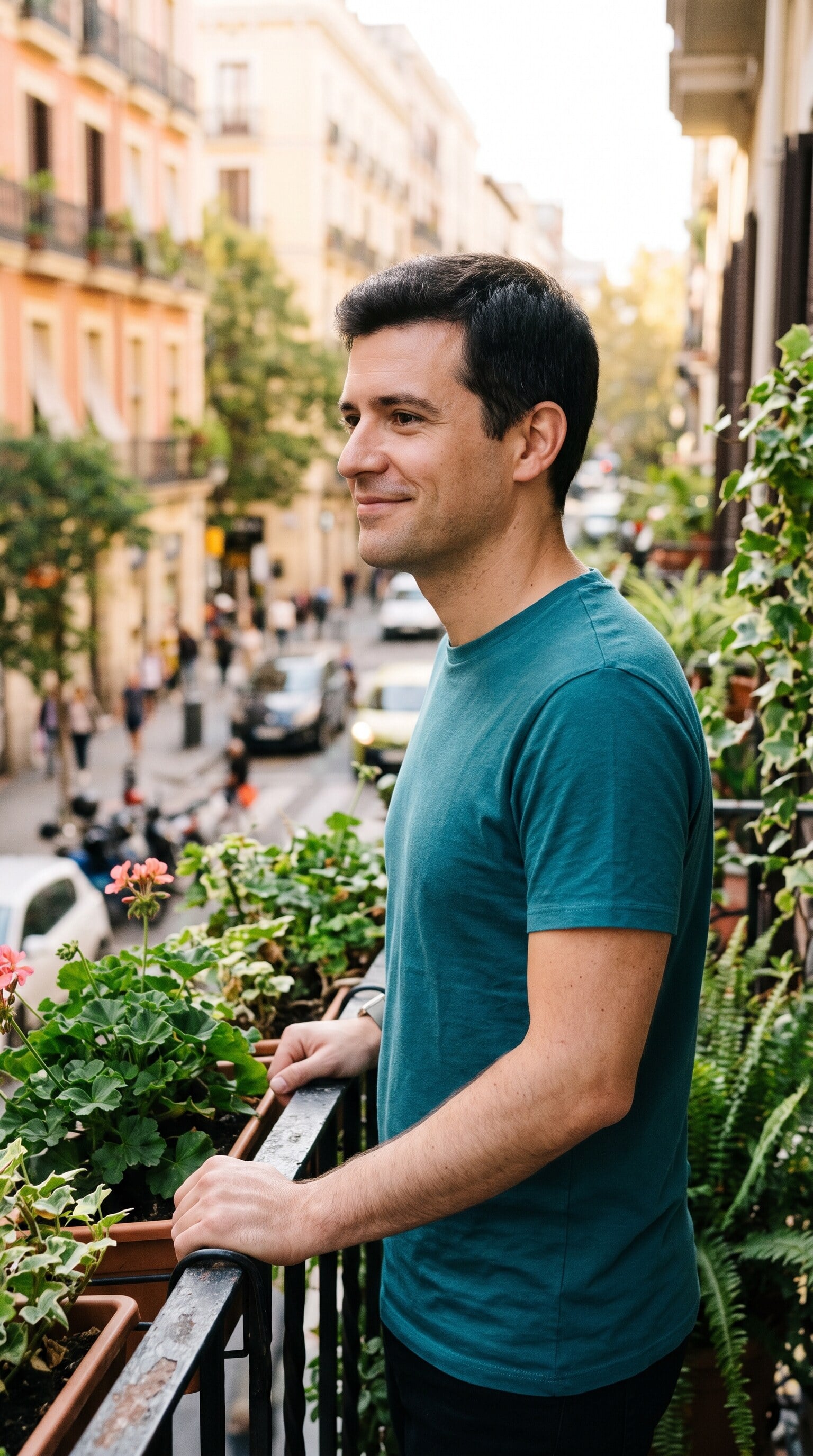 A man in a teal t-shirt standing on a sunny city balcony among potted plants, hands on the railing, looking out over the street.