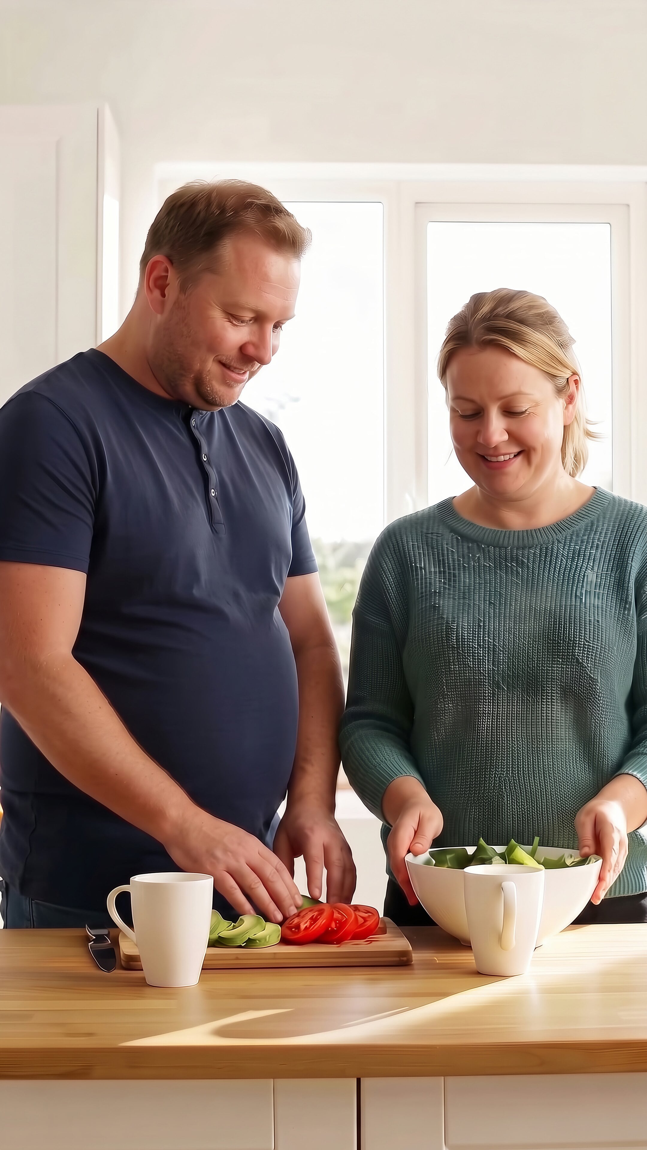 A couple making a salad together at a bright kitchen counter, sliced tomato and avocado on the board beside a bowl of greens.