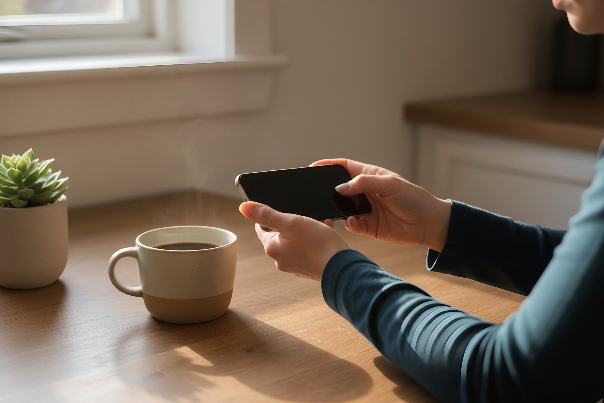 Hands holding a phone above a kitchen table beside a cup of coffee.