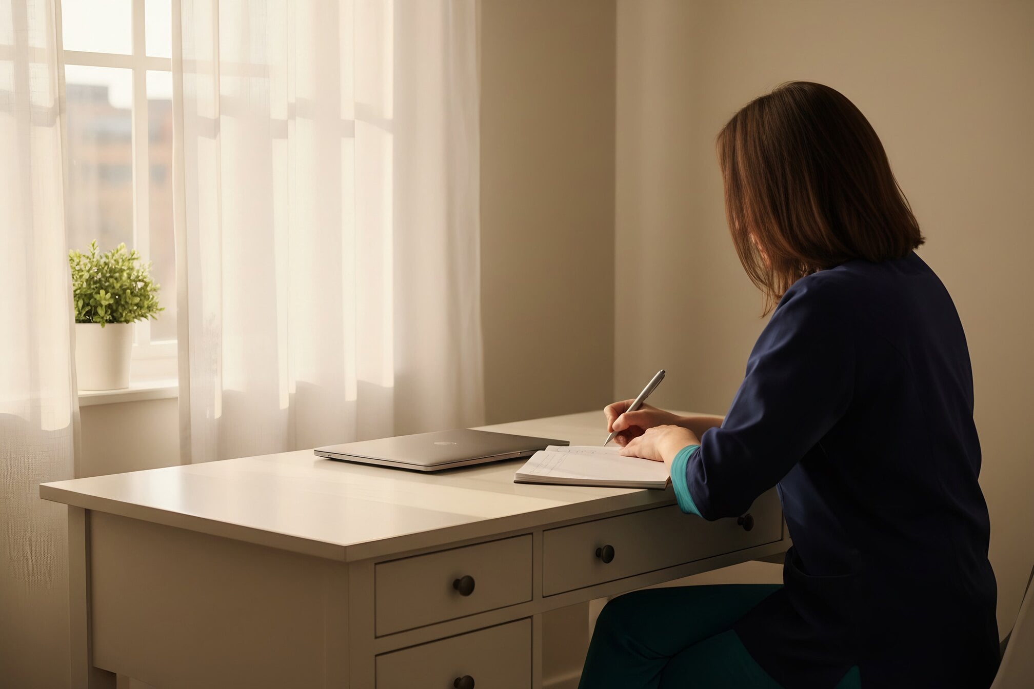 A provider seen from behind, writing notes at a desk beside a closed laptop.